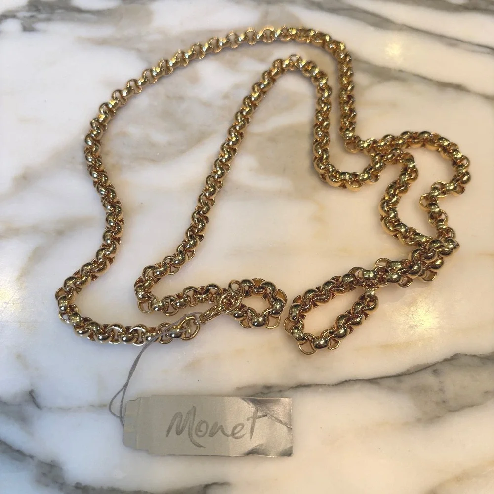 Monet Vintage Polished Gold Tone Thick Long Rolo Chain Necklace 17.5